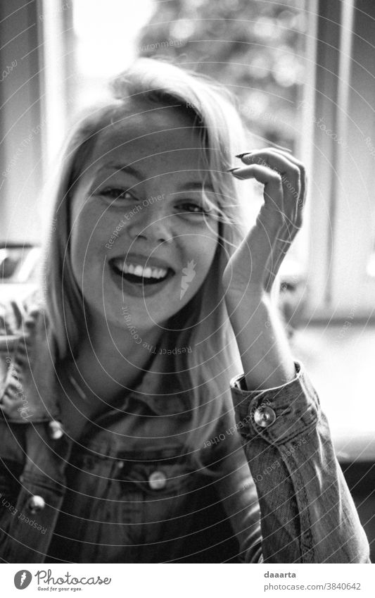 Kristine freckles queen laughing Portrait photograph Day Interior shot Goodness Truth Black & white photo Peaceful Joie de vivre (Vitality) Moody Friendliness