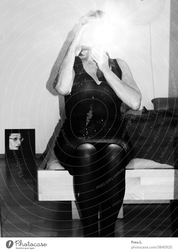 Senior citizen shoots flashlight fie in the mirror - her mother watches. hands Arm body Selfie Flash photo Skirt Mirror Mirror image Woman camera Bed