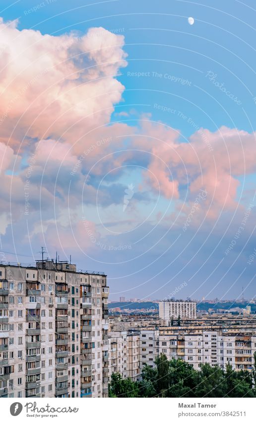 High buildings in the Obolon district of Kiev Europe Kyiv Minska Ukraine architecture blue capital city cityscape clouds day evening exterior housing lamp