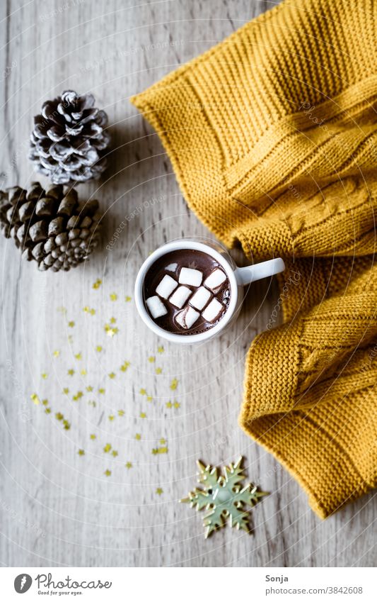 Hot chocolate with marshmallows, a yellow woollen blanket and golden stars on a wooden table marshmellow Cup hygge Wool blanket Yellow Rustic Beverage cute