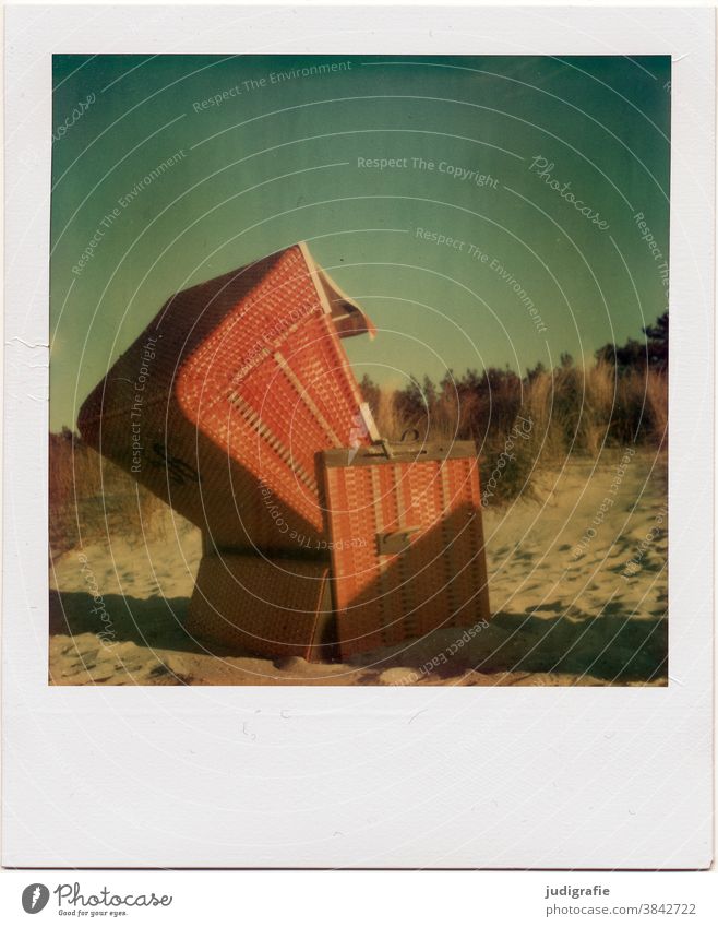 Beach chair at the Baltic Sea on Polaroid. Baltic beach Vacation & Travel Relaxation Sky Summer Exterior shot Deserted Colour photo Tourism Summer vacation