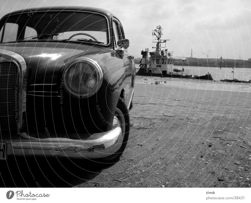 old school Watercraft Transport old Mercedes Black & white photo Hamburg Car