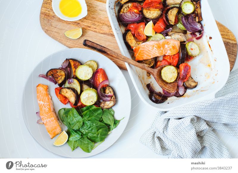 healthy diet food - baked vegetables with salmon meal vegetarian cooking dinner roasted delicious dish lunch fresh onion green vegan tomato tasty red ingredient