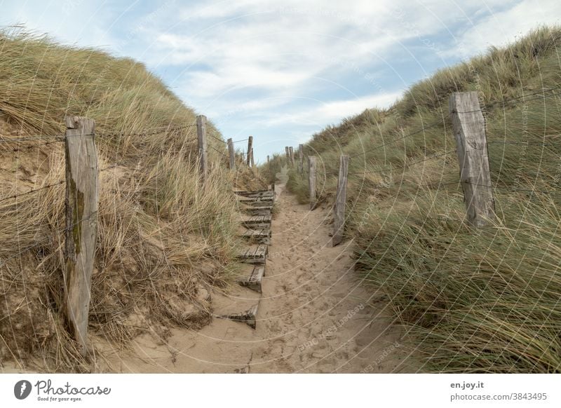 Old and broken wooden stairs and posts with barbed wire fence between two dunes with dune grass at the transition to the sand beach with many tracks under blue sky with clouds