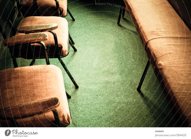 waiting room 2 Chair Gloomy Waiting room Bench Brown Green Linoleum Old Old fashioned Retro Doctor Sit Boredom Colour photo Interior shot Deserted