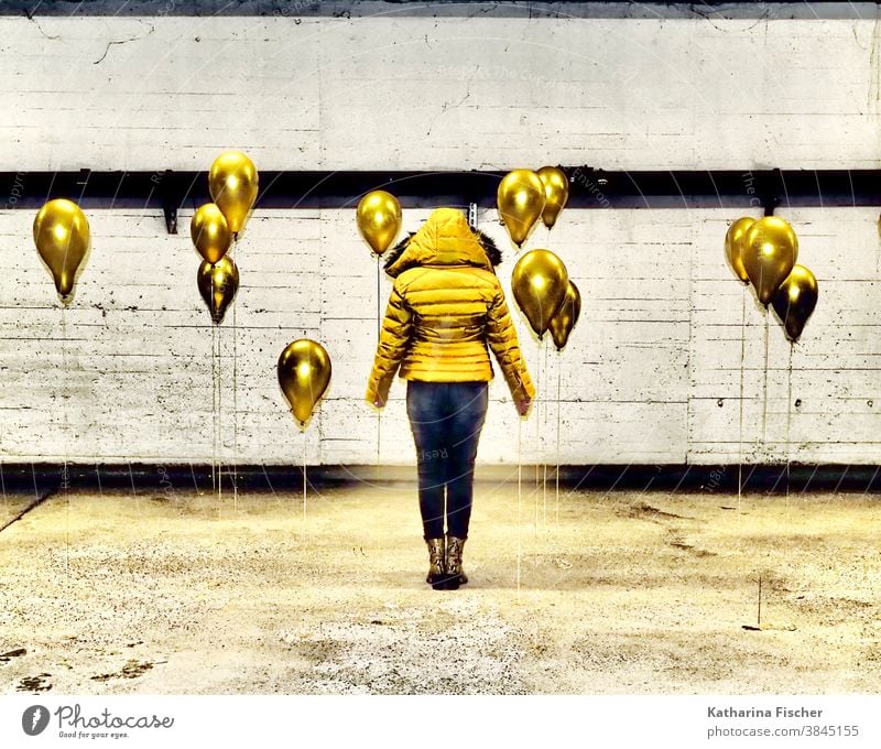 Gold Balloons Yellow balloons Colour photo Underground garage Gray White Black yellow jacket black pants Line Parking garage Art Stand creatively Creation