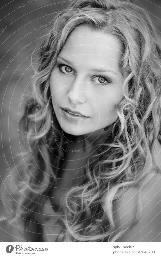 young woman with curly hair, black and white portrait pretty Woman Young woman Adults Long-haired Blonde Beauty & Beauty Feminine Hair and hairstyles Face
