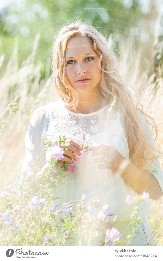 Young woman in the field in delicate cream tones - Part II pretty Woman portrait Adults Long-haired Blonde Beauty & Beauty Feminine Hair and hairstyles Face