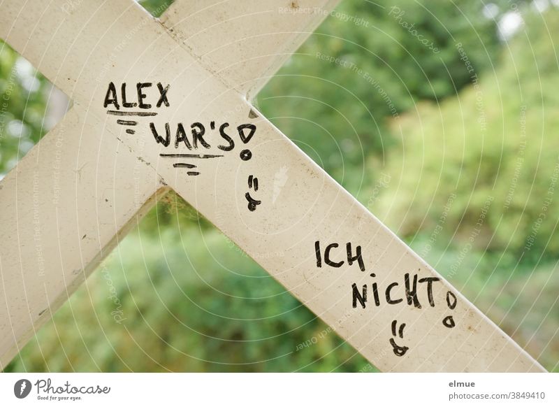In the park is written on a white wooden slat with black in print: ALEX WAR'S ! I WAS NOT! writing Communication Alex did it. not me peach on Daub Park