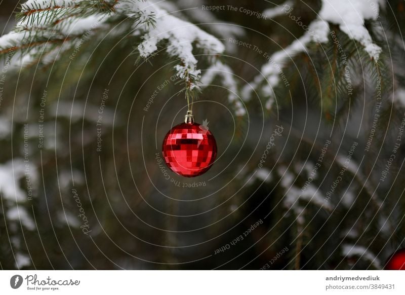 Christmas ball with a garland hanging on Christmas tree. Merry Christmas and Happy New Year. selective focus branch bright celebration christmas decor design