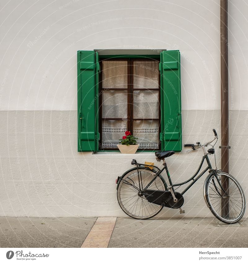 Window with bicycle Bicycle Wall (building) House (Residential Structure) Wall (barrier) Exterior shot Deserted Building Parking Copy Space top
