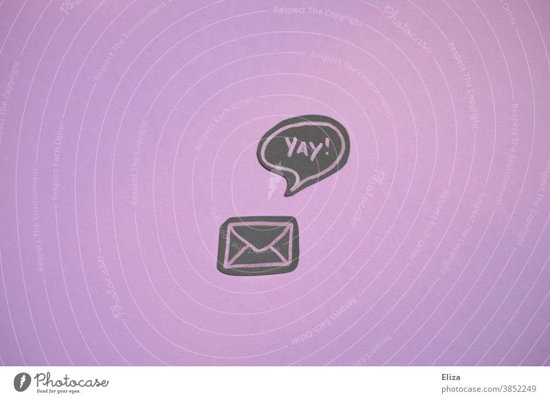 An envelope with a speech bubble in the Yay! Expression of joy over good news. message Mail Letter (Mail) pledge Joy yay Envelope (Mail) purple Communication