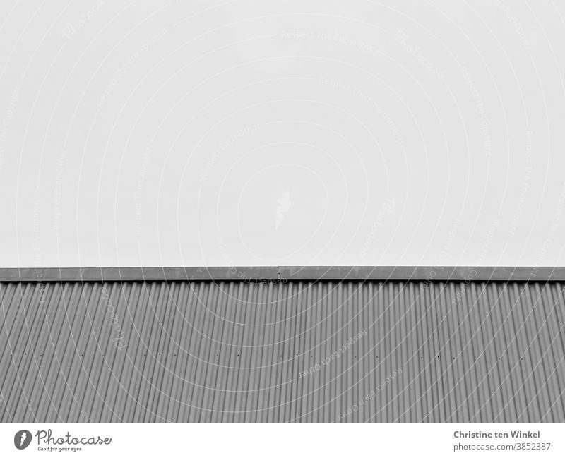 Grey ribbed facade of a building with a flat roof, photographed against the bright sky. View from below. Black and white Facade corrugated Cladding