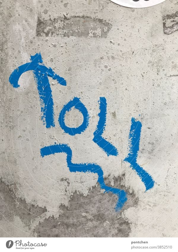 Toll stands in blue on a concrete wall. Enthusiasm great Word Write Wall (building) Concrete Daub sin of youth letter writing Characters Text Graffiti Facade