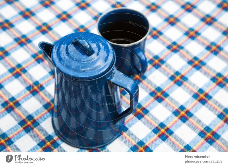 favourite pot Nutrition Breakfast To have a coffee Beverage Hot drink Coffee Crockery Cup Camping Beautiful weather Line Stripe Fragrance Relaxation Blue