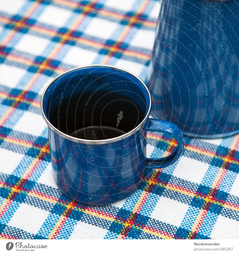 Sheet metal on pattern Nutrition To have a coffee Picnic Coffee Crockery Cup Lifestyle Camping Summer Friendliness Blue Vacation & Travel Break Coffee cup