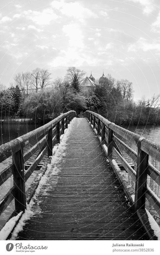 Bridge in snow Snow Winter Ice Cold Frozen Church Freeze White Frost Exterior shot Nature Day Black & white photo Tree Environment Deserted Landscape Sky