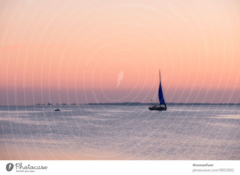Sailing boat in the evening mood, dusk approaching in front of a colorful sky vacation melancholy Romance Sailboat Ocean Vacation & Travel Sky Horizon Sunset