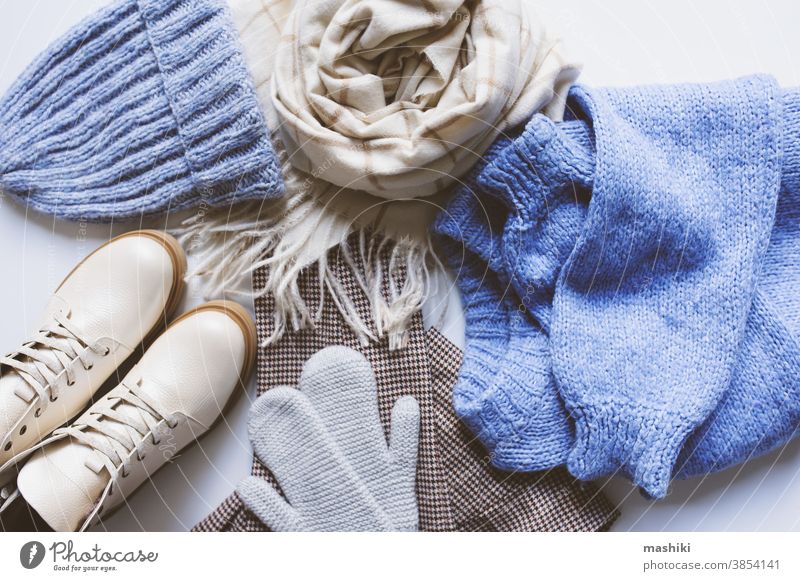 Set of stylish winter clothes on white background. Style and fashion  concept Stock Photo - Alamy