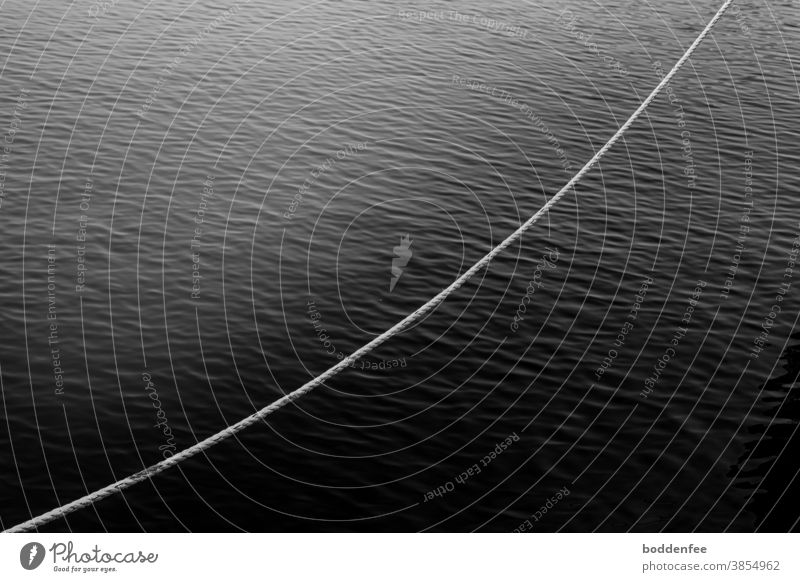 Part of a ship's rope above the water, taken diagonally from bottom left to top right, black and white Strick rope Water Harbour Rope Deserted Dew Maritime boat