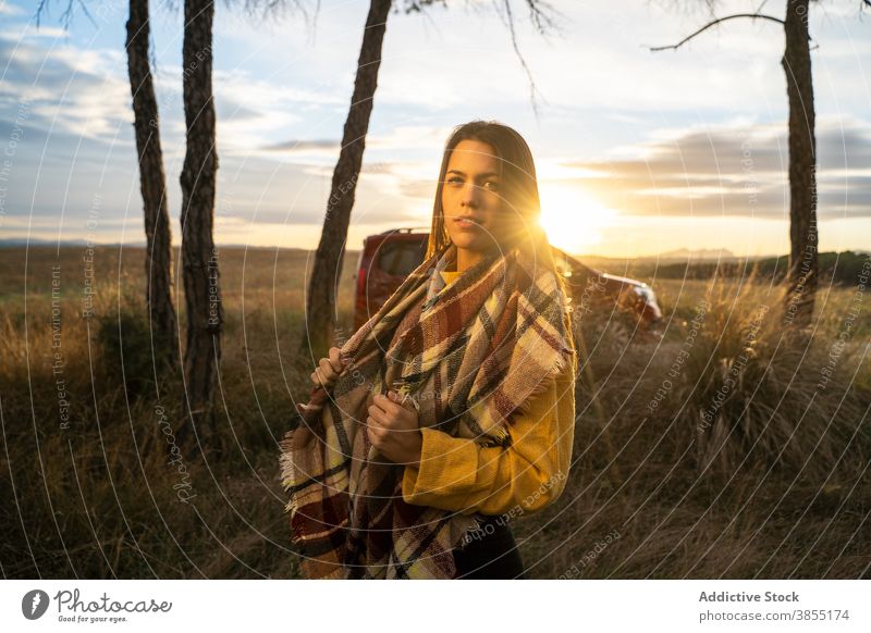 Woman in warm plaid in field woman wrap sunset autumn enjoy relax sundown female blanket dry calm peaceful tranquil nature freedom evening idyllic young