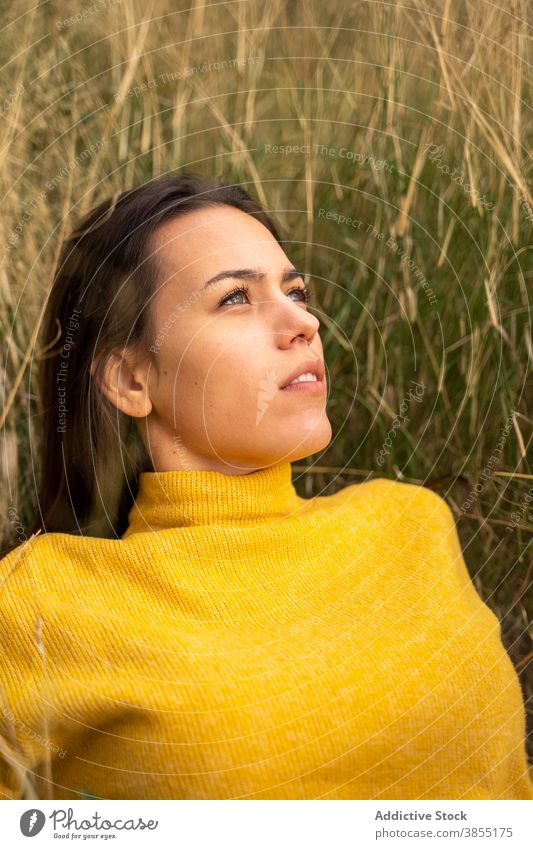 Peaceful woman enjoying sun in nature dreamy sunset countryside field carefree daydream female relax calm meadow sit grass tender freedom embrace dusk rural