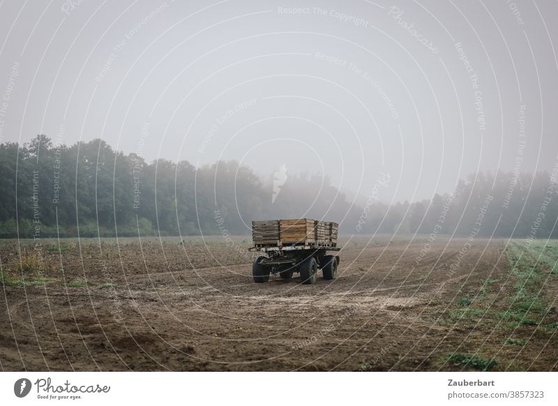 Field in morning mist with agricultural trailer acre Fog Morning Morning fog Trailer Agriculture Grass Dawn Nature Landscape Autumn chill Brown
