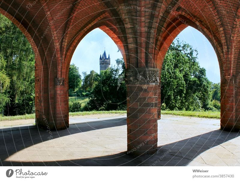 In this park there are many historical buildings Babelsberg outlook tepid Courthouselaube Tower Flatow Tower trees Green Summer Vista warm Hiking stroll Potsdam