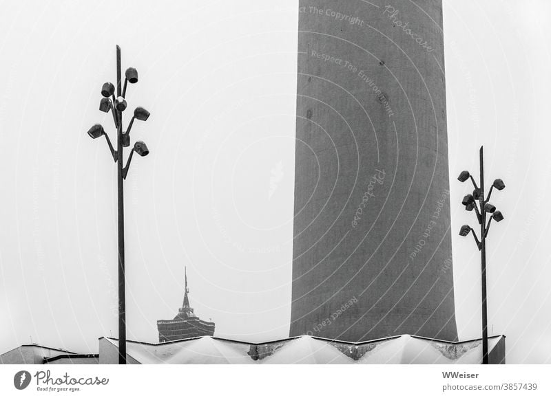 A cold winter day with snow at Alexanderplatz Berlin Television tower lanterns Lighting City hall Middle Roof Architecture Gray Cold Berlin TV Tower Landmark