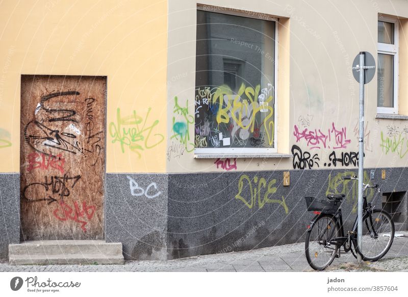 still life with bicycle, traffic sign, windows and door (locked). Window Bicycle Graffiti Exterior shot Illustration Wall (barrier) Wall (building)