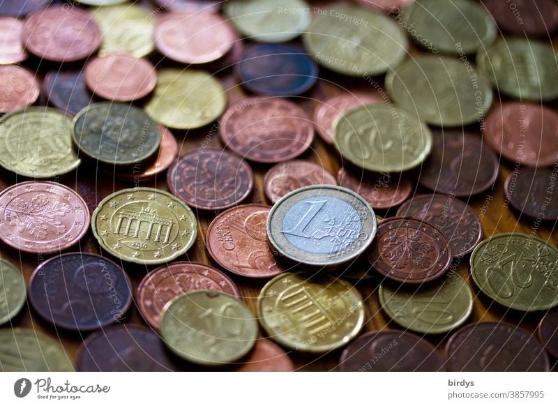 many Euro - cents and one 1 Euro - coin. format filling Money euro cents Coins Coinage small change Hard cash full-frame image Shallow depth of field Many Cent