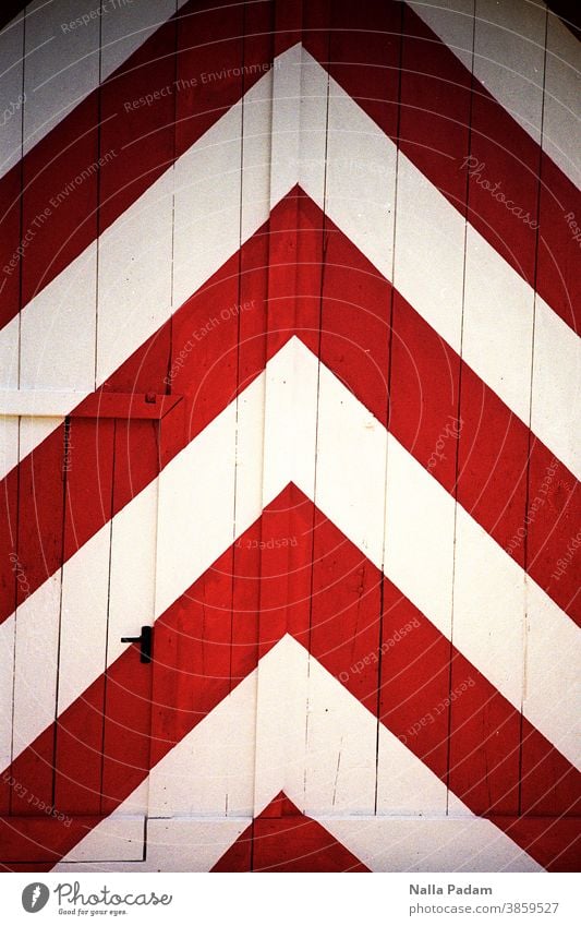 Fishbone Red White analogous Analogue photo Exterior shot Colour Colour photo Wooden gate Wooden door Herringbone door handle Entrance Goal Closed Main gate