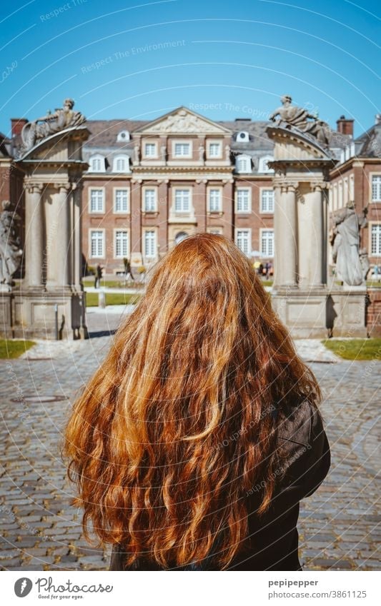 Young woman in front of a castle Woman red hair Hair and hairstyles Human being Adults pretty Summer Beauty Photography long hairs Red-haired Model Lock