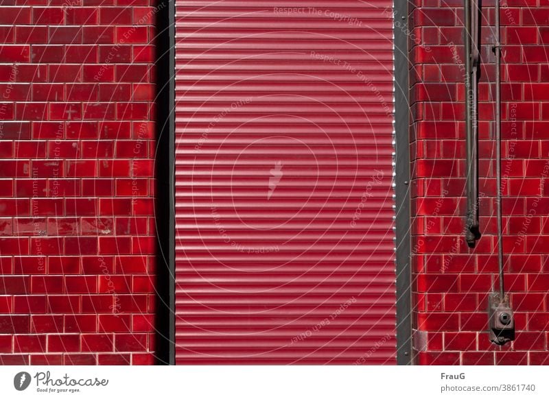 conform | in red Wall (building) Building House (Residential Structure) Facade Cladding clinker door Venetian blinds Roller shutter Protection Closed Red