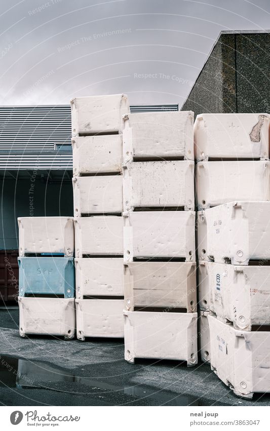 Stacked polystyrene boxes in the warehouse at the port Harbour fishing Industry Warehouse bins Crate Styrofoam White Blue Gray Exterior shot Logistics Economy