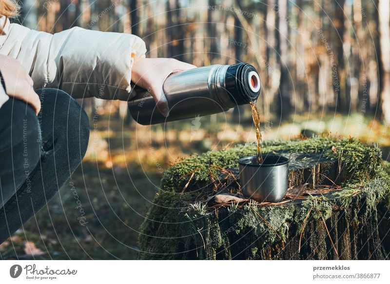 Unrecognizable Hiker Man Pours Tea Or Coffee From Thermos Hiking Travel  Vacation Concept Stock Photo - Download Image Now - iStock