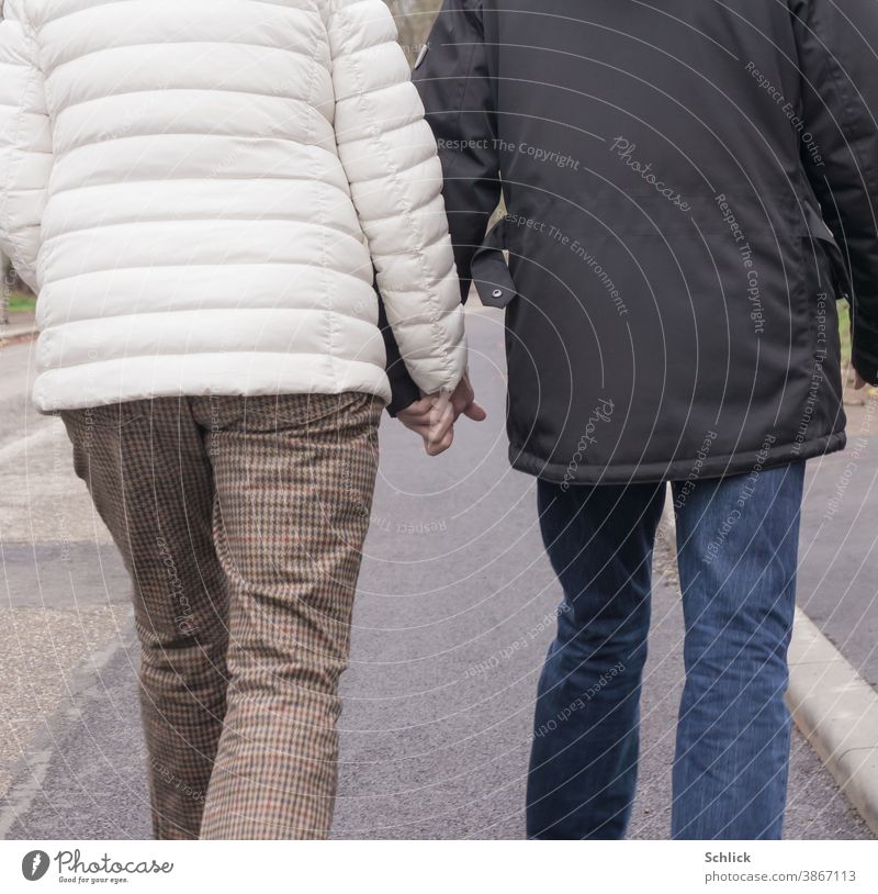 love older couple in winter clothes holding hands and walking on the street rear view Love Couple Lovers hold hands senior citizens Going Street Asphalt Jackets