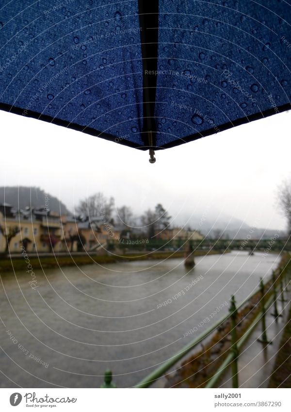 Winter by the river... Bad Ischl Traun River River bank Rain Umbrella Fog Bad weather Autumn Austria Gloomy Wet Dreary Calm Loneliness Cold Dark