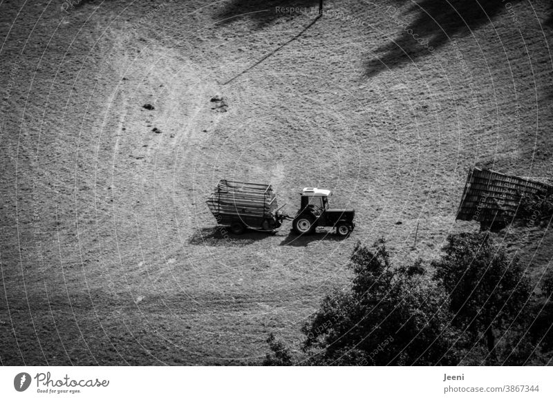 Small tractor with trailer on an alpine meadow in the mountains from a bird's eye view Tractor Trailer Alpine pasture Alps Mountain Bird's-eye view