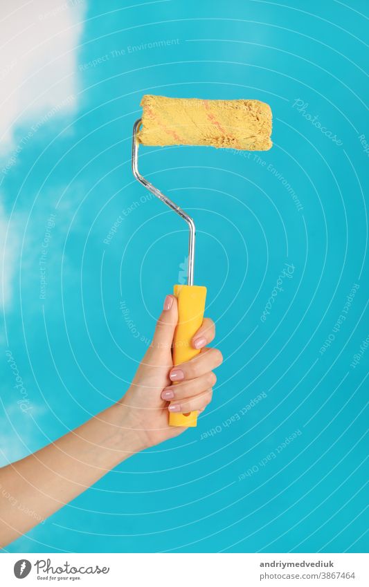 close up of female hand holding paint yellow roller over blue background-repair, construction and building tools concept. Convenient and versatile tool for painting walls.
