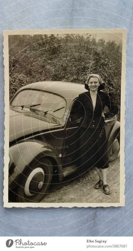 old photo woman with car Woman Exterior shot Vintage car Old Nostalgia Black & white photo