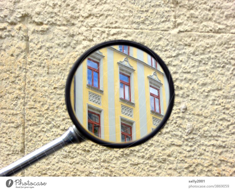 looking back... Mirror Rear view mirror House (Residential Structure) Building Facade Yellow Review in retrospect Observe house wall Window Round variegated