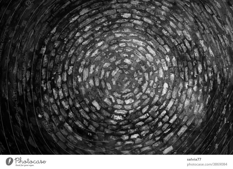 Bricks laid in a tight circular spiral Circle Spiral Pattern Black & white photo Circular spiral Round Structures and shapes Deserted Abstract Design vintage