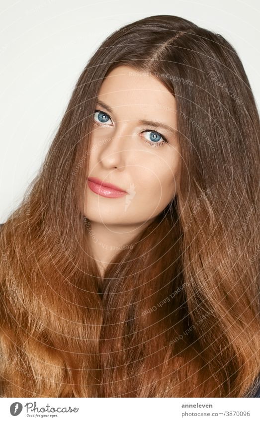 Haircare and beauty portrait, beautiful model woman with long brown healthy hair, natural hairstyle 30s brand brunette campaign caucasian clip clips color