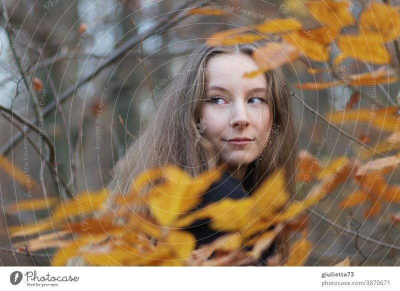 Portrait of teenage girl in autumn forest teenager 15-20 years old November Autumnal leaves Puberty Emotions Long-haired Youth (Young adults) Life