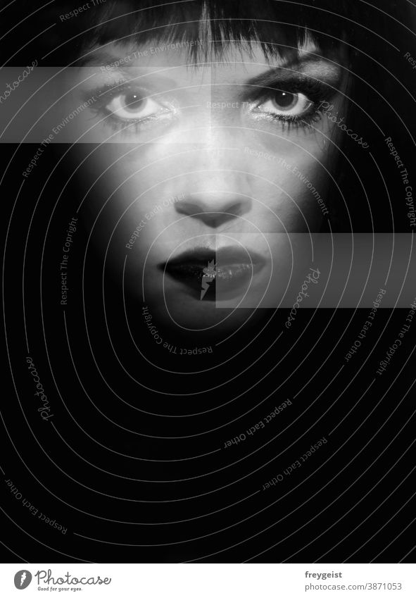 Woman in black and white with graphic elements portrait Black & white photo Black-haired White Gray people Face emotion Smokey eyes Eyes Human being Nose Mouth