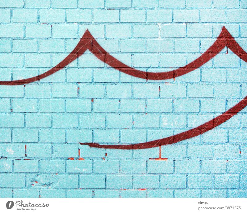 Art on building | Making waves Wall (barrier) Wall (building) Brick Turquoise Blue Undulation Red Drawing graffiti Colour stylized Trashy Stone sharpen Swing