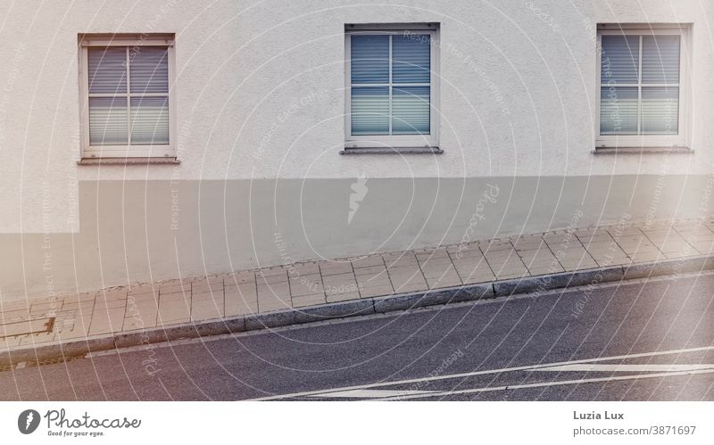 Three windows in the light, up a steep road Window Street Steep Road marking Light three shutters Town Sidewalk Exterior shot Facade Deserted Wall (barrier)