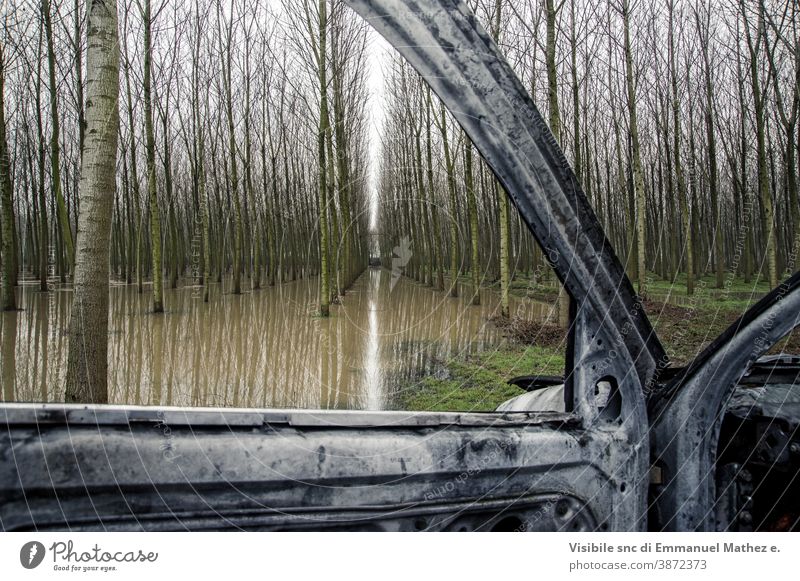 flooded poplar grove view from window burnt out car abandoned danger smoke fire accident trouble hot flammable pollution rubbish vandalism land vehicle