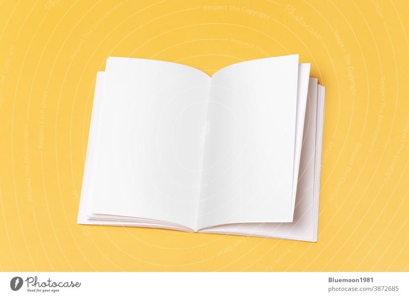 Opened book-catalog with blank pages on yellow background mock-up editable change brochure brand paper document booklet advertising business content corporate